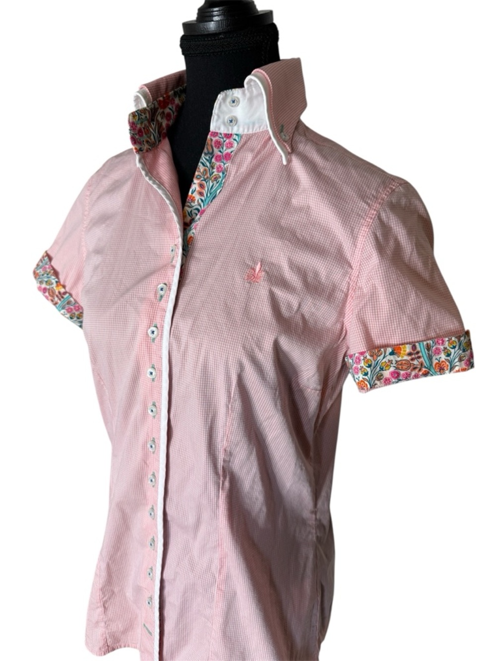 FIOR DA LISO Pink Gingham Eleonora Garden Short Sleeve Button Down Shirt Size 8